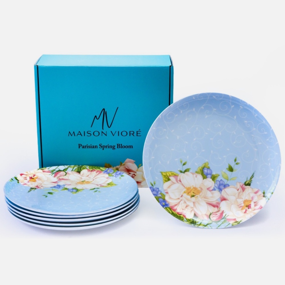 Maison Viore Parisian Spring Bloom 10” Dinner Plates Set of 6 blue